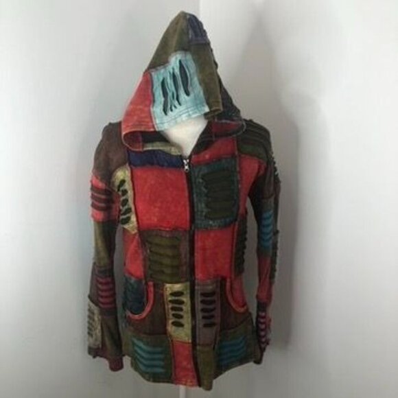 Rising International Womens Razor Cut Patchwork Hooded Jacket Sz M Zipper Boho - Picture 2 of 14